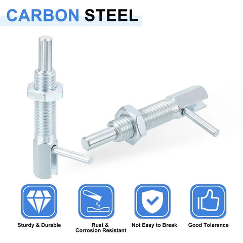 Built Tough Heavy Duty M10 Carbon Steel Plunger Pins Four Pack close-up of carbon steel plunger pins, durable design, rust resistant.