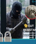 Keyed Alike Padlocks 4 Pack Workhorse Heavy Duty Stainless Steel Shackle Lock Waterproof and Rustproof Outdoor Grade for Warehouses Garage and Storage Tough as Nails with Same Key Opens All Four Locks. Image shows a burglar using a crowbar next to a lock symbol highlighted as cut resistant.