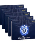 Set of five blue RFID Blocking Card 5 Pack Shield For Wallets And Purses Keeps Your Cash And Cards Safe From Sneaky Contactless Skimming With 13.56 MHz NFC Tech Safe And Reliable To Use Blue.
