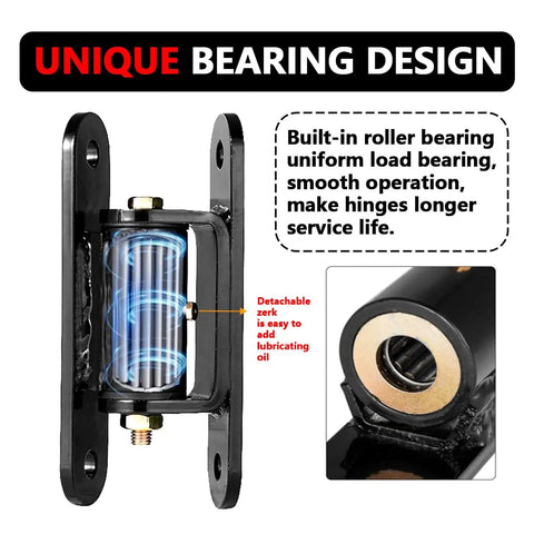 2 Pack Heavy Duty Outdoor Gate Hinges With Sealed Bearings Adjustable Yoke Pivot Bolt On Setup For Beefy Driveway Gates Built Rugged Handles 1100 Lbs close-up of hinge with roller bearing design