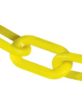 Close-up of heavy duty yellow HDPE barrier chain links for smooth line setup to secure indoor or outdoor boundaries.