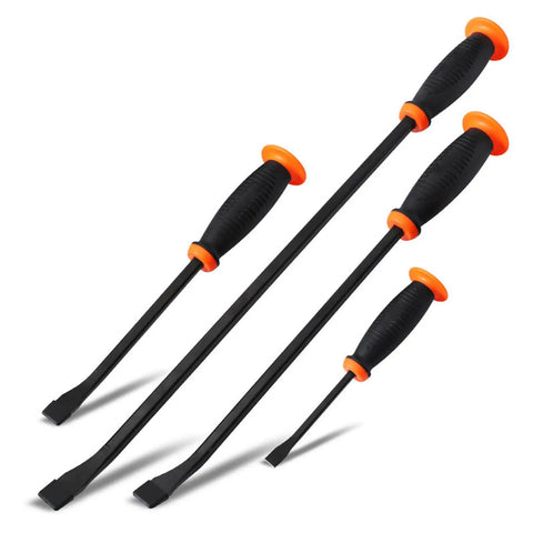 Heavy Duty Pry Bar Set With Thick Strike Caps And Industrial Grade Ergonomic Handles For Automotive Demolition And Nail Pulling.