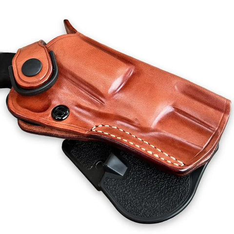 OWB Leather Paddle Revolver Holster With Retention Strap For Pietta 1858 Ace Black Powder 44 Cal 3 Inch Right Hand Quick Draw