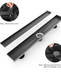 30 Inch Linear Shower Drain With Tile Insert Matte Black Cover And Hair Strainer Brushed 304 Stainless Steel Floor Drain
