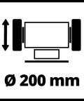 Workhorse Bench Grinder With 200mm Sanding Disc And 400 Watt Motor Includes Coarse Fine Grinding Wheels Adjustable Work Rest And Bendable LED Light For Deburring Polishing And Weekend Shop Projects showing 200mm diameter symbol.