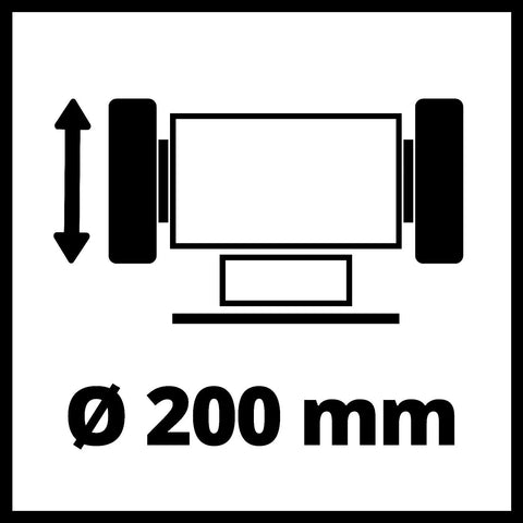 Workhorse Bench Grinder With 200mm Sanding Disc And 400 Watt Motor Includes Coarse Fine Grinding Wheels Adjustable Work Rest And Bendable LED Light For Deburring Polishing And Weekend Shop Projects showing 200mm diameter symbol.