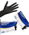 Person putting on Heavy Duty Black Nitrile Gloves 100 Count Medium Disposable Latex And Powder Free Thick Ribbed Cuffs For Kitchen Cooking Cleaning And Industrial Tasks Built Tough And Ready For The Daily Grind.