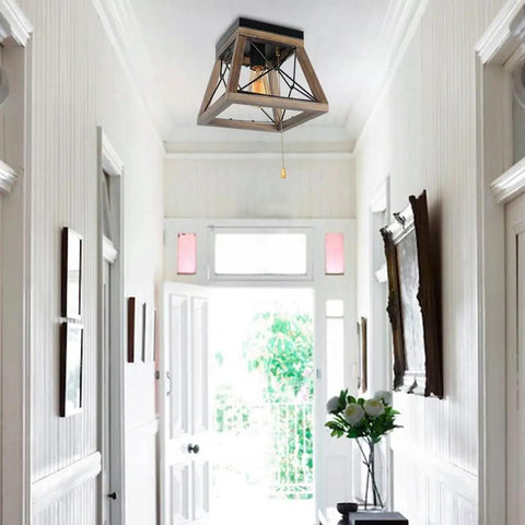 Rustic Wood Farmhouse Ceiling Light With Pull Chain 1 Light Small Square Black Flush Mount For Hallway Closet Laundry Room Edison E26 Compatible Country Style Indoor Lighting