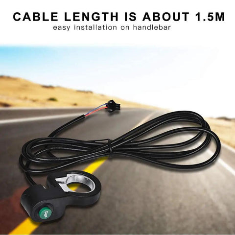 23mm Mini Ebike Horn Switch with 5 Ft Cable on road background, designed for handlebars of electric bikes and scooters.