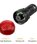 Red Indicator Light With Buzzer 24V ACDC 22Mm Panel Mount Flasher Alarm showing internal components and red casing.