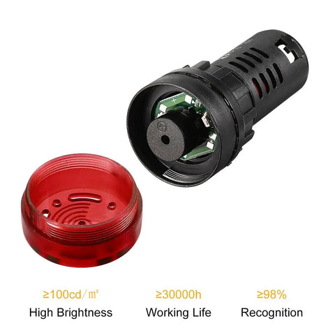 Red Indicator Light With Buzzer 24V ACDC 22Mm Panel Mount Flasher Alarm showing internal components and red casing.