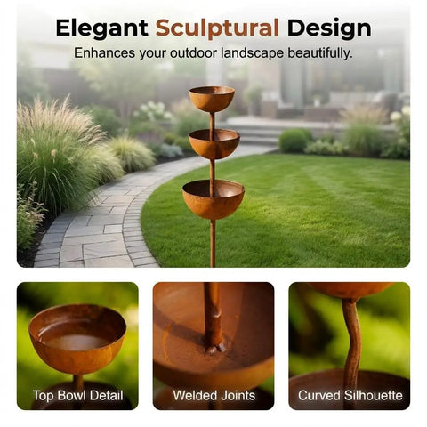 3 Tier Rain Catcher Garden Stake With Water Bowls For Birds Bird Bath And Butterfly Feeder Outdoor Yard Art Decor For Rain Harvest And Wildlife A Sturdy Metal Garden Ornament Turning Rain Into Living Art For Your Yard Cool Vibe in a landscaped garden