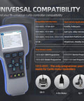 Universal Curtis Controller Handheld Programmer for Forklifts, Golf Carts, Pallet Jacks and AWP, with diagnostic compatibility chart.