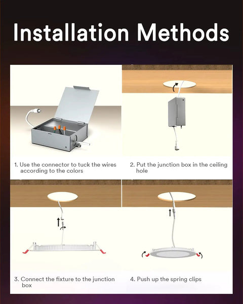 Installation steps for Canless 6 Inch LED Recessed Light With Color Changing RGBW Downlight 13W 1000lm, junction box setup.