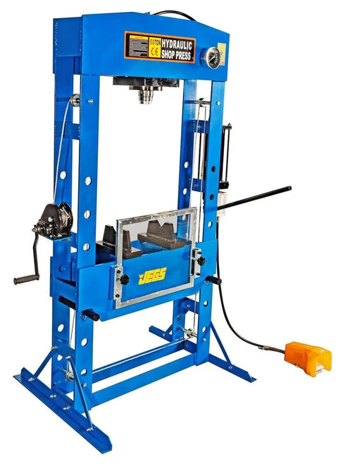 50-Ton Hydraulic Shop Press With Floor Mount, Air Operated Foot Pedal Or Manual Operation, Beefy Heavy Duty Steel Construction