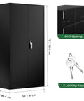 Tough Black Locking Metal Storage Cabinet With Doors, 72 Inch Tall, 36 Inch Wide By 18 Inch Deep, features anti-tipping and keys