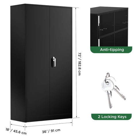 Tough Black Locking Metal Storage Cabinet With Doors, 72 Inch Tall, 36 Inch Wide By 18 Inch Deep, features anti-tipping and keys