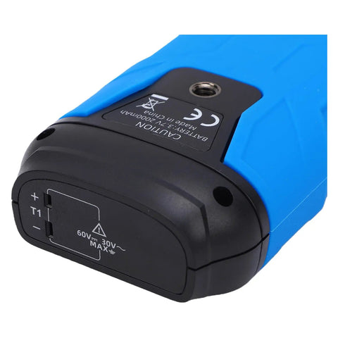 Heavy Duty Digital Thermocouple Thermometer Type K J Probe showing USB charging port and caution label on blue casing.