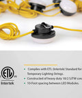 Close-up of Worksite Ready 100 Ft LED String Lights connector and cord, ETL listed, energy-efficient, IP65 weatherproof, for outdoors.