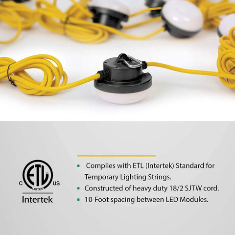 Close-up of Worksite Ready 100 Ft LED String Lights connector and cord, ETL listed, energy-efficient, IP65 weatherproof, for outdoors.