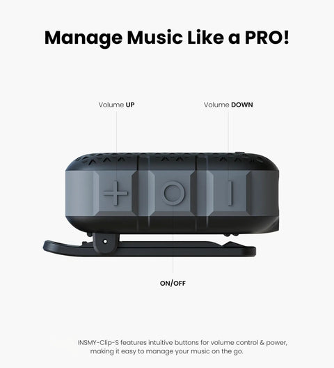Side view of Wearable Clip On Bluetooth Speaker IP67 Waterproof Lightweight Portable Personal Hands Free Speaker with volume controls