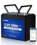 12V LiFePO4 Battery For Trolling Motors With Bluetooth And Low Temp Cutoff, Group 24 100Ah, 100A BMS, Marine Boat Solar Ready, Up To 15000 Cycles For Marine Use And Solar Power alongside smartphone displaying Bluetooth app monitoring
