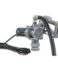 Heavy Duty 8 GPM Electric Fuel Transfer Pump With Spin Collar And Manual Shut Off Nozzle For Gasoline And Diesel 12 Volt close-up image.