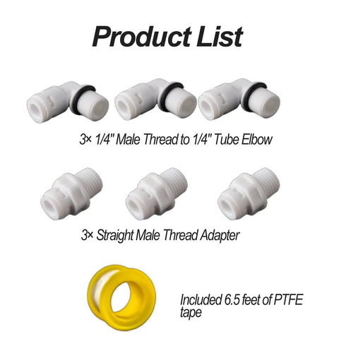 One Quarter Inch Thread Male To One Quarter Inch Push To Connect Fitting Kit with 3 elbows, 3 straight adapters, and PTFE tape