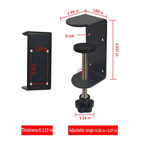 Side view of Heavy Duty 3 Inch C Clamp 2 Pack With Four Hole Back, adjustable desk clamp dimensions, non-slip pads visible