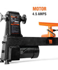 WEN LA3424 benchtop wood lathe, black with orange tailstock and WEN logo.