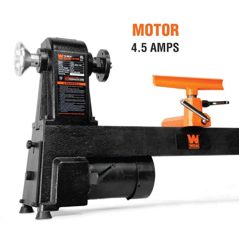 WEN LA3424 benchtop wood lathe, black with orange tailstock and WEN logo.