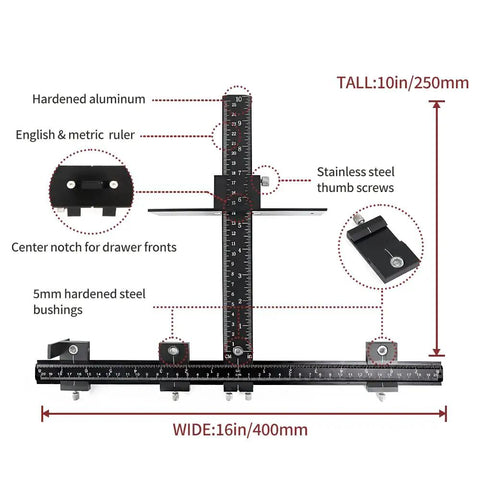 All Aluminum Cabinet Hardware Jig For Precise Drilling And Alignment with measurements and parts labeled