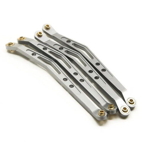 Eight Piece Lower And Upper Suspension Link Rod Linkage Set For 1 To 10 Scale RC Wraith 90018 Made From Aluminum Alloy For Durable Off Road Performance With Smooth Suspension And Reduced Friction On Rough Terrain. Aluminum RC crawler suspension links set, four silver upper and lower rods with hardware