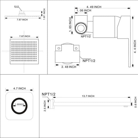Technical diagram of Chrome Shower Faucet Set With Rough In Valve Luxury Bathroom Rain Shower System Square Stainless Steel Showerhead.