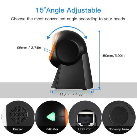 Side view of hands free 1D 2D barcode scanner with QR reader, showing dimensions and features like USB port and non-slip base.