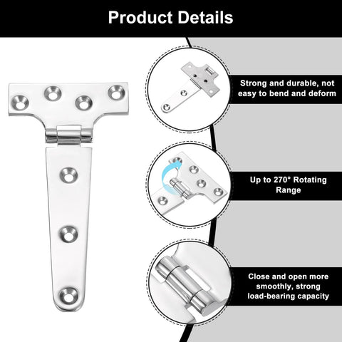 Product details of Six Pack Marine Grade T Hinges Heavy Duty T Hinge 6x3 Inch Stainless Steel Boat Hinges with rotation and durability features.