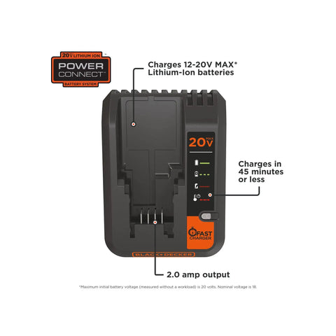 20V Max Lithium Battery Charger With 2 Amp Output For PowerConnect 12V Max And 20V Max Batteries Fast Charging Maintenance Mode 6 Foot Cord Keeps Your Tools Ready All Day showing product design.
