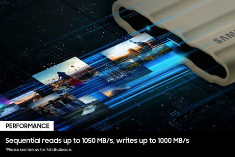 T7 Shield 1TB Portable External SSD Up To 1050 MB Per Second USB 3.2 Gen2 showing photo transfer speed, digital data flow.
