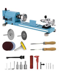 Mini Wood Lathe Machine For Desktop With Infinite Speed Control Perfect For DIY Enthusiasts, blue with tools and accessories.