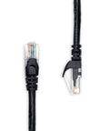 Close-up of RJ45 Cat 6 Ethernet Patch Cable 15 Feet Snagless Gold Plated Connectors, Black, for PCs, printers, routers.