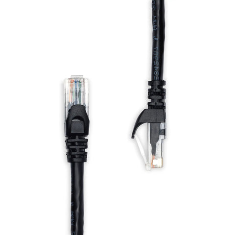 Close-up of RJ45 Cat 6 Ethernet Patch Cable 15 Feet Snagless Gold Plated Connectors, Black, for PCs, printers, routers.