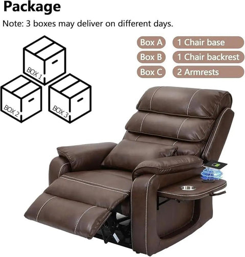 Luxurious Electric Lift Recliner Chair For Seniors With Heat Massage, Left Side Tray Table, USB Charging Ports, Storage Pockets, Breathable Upholstered Single Sofa That Hits All The Right Spots with package boxes shown.