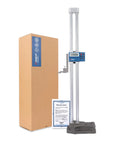 Precision 24 Inch Digital Height Gauge With Smooth Rolling Feed Wheel And Hefty Cast Iron Base Carbide Tipped Scriber next to packaging and warranty letter.
