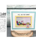 Clear Stamp And Die Set For Card Making And Scrapbooking featuring a pill bottle design with colorful details on a card.