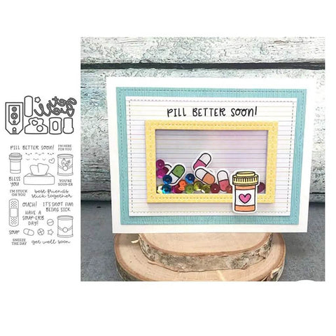 Clear Stamp And Die Set For Card Making And Scrapbooking featuring a pill bottle design with colorful details on a card.