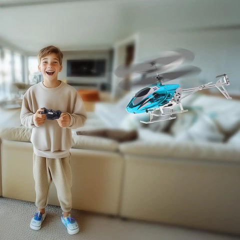 Child playing with Indoor 2.4G RC Helicopter With LED Lights And Altitude Hold For Kids 12 Plus And Adults in a living room