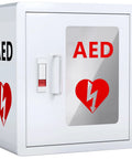 AED cabinet wall-mount; white steel case with PVC clear window, front handle, red AED graphic