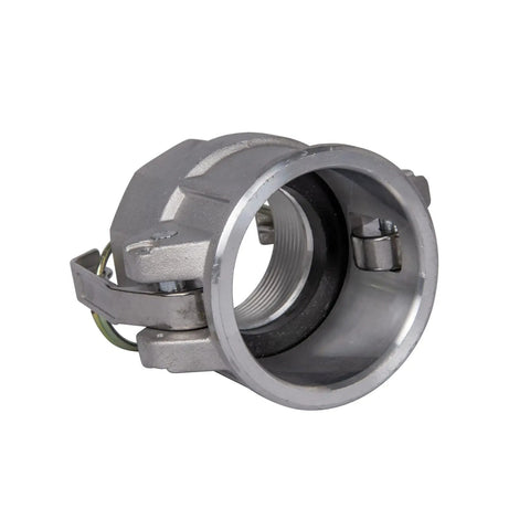 Pro Shop Gear Aluminum Camlock Fittings Pair 1 5 Inch Cam And Groove Hose Connectors Female Coupler With Female Npt Thread close-up of gray aluminum fitting