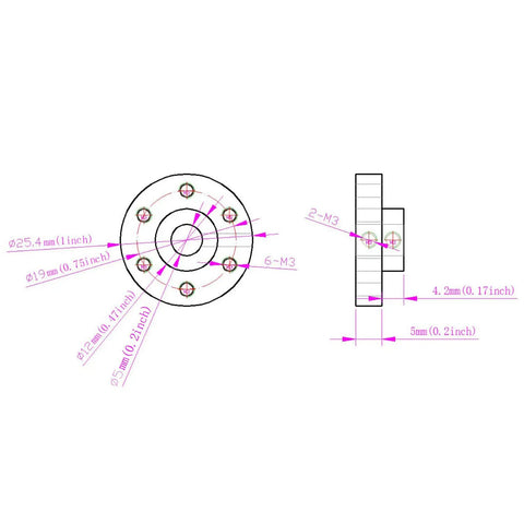 Technical drawing of Two Pack Black Rigid Flange Shaft Coupling Universal Aluminum Mounting Hub For 5MM Shafts With M3 Threads.