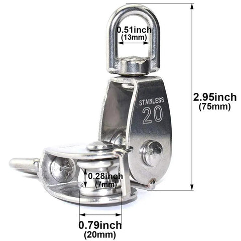 Set Of 10 M20 Single Pulley Blocks 304 Stainless Steel Hanging Wire Pulley Rollers 360 Degree Swivel Top Ring Must-Have Heavy Duty Lifting Gear For Rope And Cable Load Capacity 75Kg 165Lbs showing dimensions